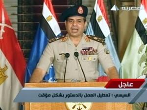 An image grab taken from Egyptian state TV shows Egyptian Defence Minister Abdelfatah al-Sissi delivering a statement on July 3 (Egyptian TV / AFP)