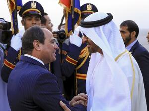 President Sisi welcomes Sheikh Mohammed bin Zayed Al Nahyan, Crown Prince of Abu Dhabi, in Cairo International Airport, Egypt. (Twitter)  President Sisi welcomes Sheikh Mohammed bin Zayed Al Nahyan, Crown Prince of Abu Dhabi, in Cairo International Airport, Egypt. (Twitter)