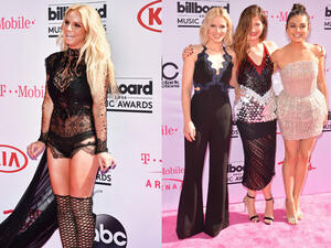 Britney wore Reem Acra while Mila Kunis and Jessica Alba chose Zuhair Murad for Billboard's red carpet. (AFP/David Becker/Bryan Haraway)