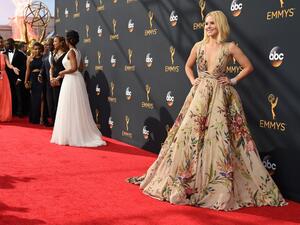 The 'Frozen' and 'House Of Lies' star presented the Best Supporting Actress - Comedy award alongside Joel McHale in her Zuhair Murad gown.  (AFP/Robyn Beck)