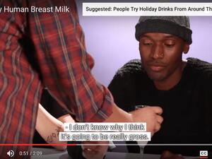 An adult a little grossed out by breast milk. (YouTube screenshot)