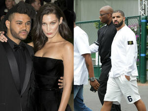 The Weeknd and Bella Hadid together back when they were a couple (L); Drake (R). (Ovidiu Hrubaru / Twocoms / Shutterstock.com)