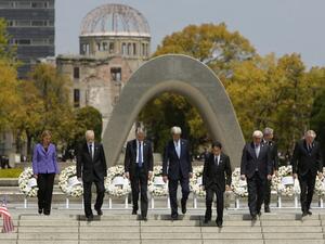 The G7 foreign ministers walk down the steps together after placing wreaths in front of the memorial in Hiroshima, Japan, on April 11, 2016. (AFP/Jonathan Ernst) The G7 foreign ministers walk down the steps together after placing wreaths in front of the memorial in Hiroshima, Japan, on April 11, 2016. (AFP/Jonathan Ernst)