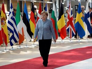 Federal Chancellor of Germany Angela Merkel arrives to take part in the EU leaders summit at the Europa building, the main headquarters of European Council and the Council of the EU, in Brussels, on April 29, 2017. (AFP/Thierry Charlier)