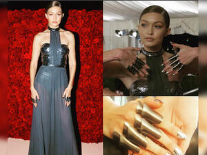 Gigi Hadid's manicure was done by Cuban- Salvadorian celebrity manicurist Mar y Sol Inzerillo. (AFP/Instagram/composite)