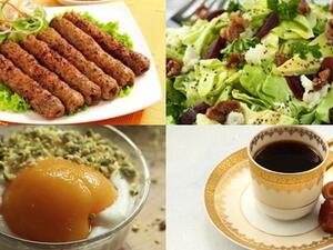 سلطة جبنة الماعز ، الكفتة الحلبية ، الدراق المجفف بالأرز