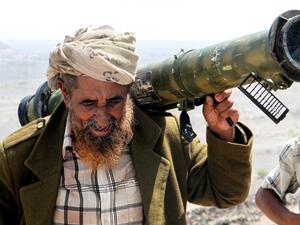 A fighter loyal to President Abd Rabbuh Hadi at a position taken from Houthi rebels northwest of Taiz in April 2018 (AFP/ File)