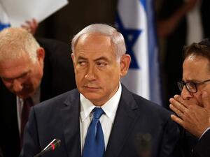 Israeli Prime Minister Benjamin Netanyahu gestures during a special cabinet meeting, held in the Western Wall tunnels in Jerusalem's Old City on May 28, 2017. (AFP/Gali Tibbon)