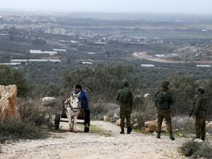 Israeli soldiers patrol near olive trees that were recently cut to open a new road east of the West Bank town of Qalqilyah on January 8, 2017. (AFP/Jaafar Ashtiyeh)