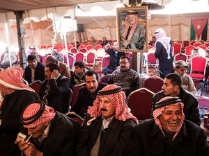 Local tribal leaders in southern Jordan waited for a campaign event to begin on Saturday. Parliamentary elections are being held on Wednesday. (Bryan Denton for The New York Times)