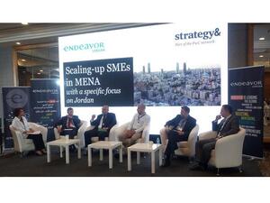 Panelists discuss issues facing scale-up small-and medium-enterprises in the Middle East and North Africa during a meeting organised by Endeavor Jordan and Strategy & Middle East in Amman, on Sunday. (Jordan Times)