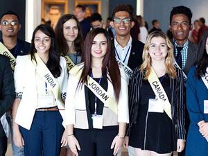 Ayat Amer, a NASA internship winner, poses for a group photo at the UN headquarters in September. (Courtesy of Ayat Amer)