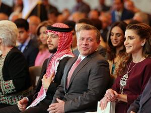 Jordan's Princess Muna, Crown Prince Hussein, King Abdullah II and Queen Rania attend a ceremony held in Amman on May 25, 2016, to mark the desert kingdom's 70th Independence Day. (AFP/Khalil Mazraawi)