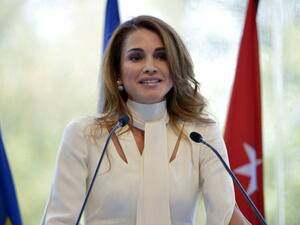Queen Rania of Jordan delivers her speech at the Medef Summer Conference. (AFP Photo/Eric Piermont)