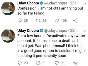 Bollywood actor Uday Chopra seems to have created quite a stir after posting two very depressing tweets on his official account (Twitter)