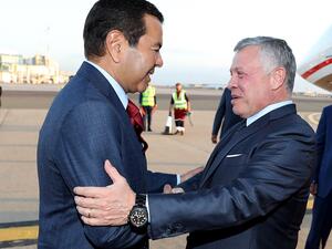 King Abdullah is received by Prince Moulay Rachid of Morocco upon his arrival to Casablanca on Wednesday (Photo courtesy of Royal Court)