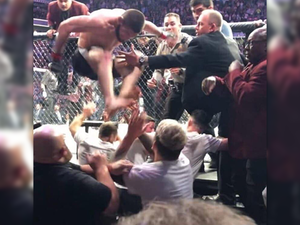 Screenshot taken from the viral video of the brawl when Khabib attacked Dillon Danis, McGregor’s team-mate. (Social media)