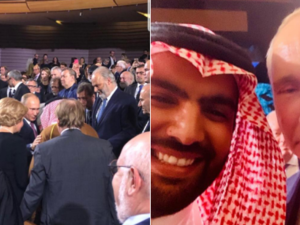 Saudi Minister of Culture Prince Badr bin Abdullah bin Farhan with Russian President Vladimir Putin in St. Petersburg. (Twitter)