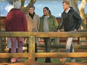 Prince Harry and his wife Meghan, Duke & Duchess of Sussex, visit the Moroccan Royal Federation of Equestrian Sports in Rabat on February 25, 2019. (AFP)