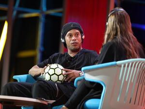 Ronaldinho speaking at the Misk Global Forum on Wednesday. (Basheer Saleh/Arab News )