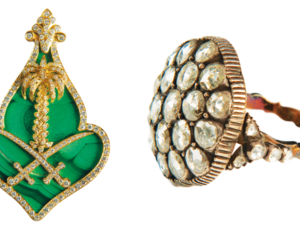 Two royal items in the exhibition: (left) A malachite, gold and diamond brooch gifted to Princess Ceeta Al-Dammer, wife of the late King Khalid; and a diamond ring belonging to one of King Abdul Aziz’s daughters. (Arab News)