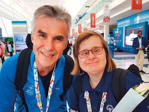 Roger Nyberg (left), tennis coach from Finland with Sanna Laura Sepponen, a tennis player of determination