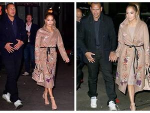 إطلالة لوبيز ظهرت بمعطف أنيق من  "فالنتينو" مزين بزخارف على هيئة أزهار