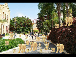 This image depicts the American University of Beirut’s campus crawling with the cat Meowth Pokémon. (Twitter/aubmemes).