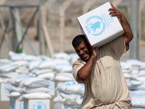 A displaced Iraqi collects boxes of food donated by the World Food Program. (AFP/File)