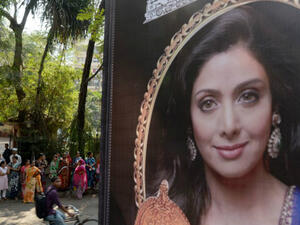 Hundreds gathered outside her Mumbai home hoping to catch a final glimpse of the star before she is cremated at a funeral service expected later Monday. (Source: PUNIT PARANJPE - AFP)