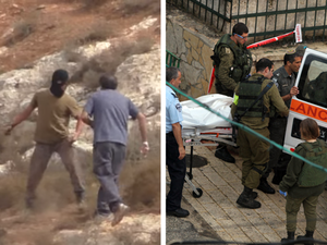 A 17-year-old Israeli attacks a rabbi and peace activist (left, Youtube) and the body of a 17-year-old Palestinian girl shot five times despite shouting that she did not have a knife is removed by Israeli security forces (right, AFP)