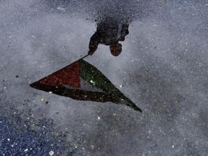 A Turkish boy refleced in a puddle of water as he waves a Palestinian flag during the arrival of Turkish ship Mavi Marmara at Istanbul&#039;s Sarayburnu port, on December 26, 2010. The Israeli navy raided on May 31, 2010 the Turkish ship Mavi Marmara, which was part of a flotilla of aid ships bound for Gaza, killing several passengers and sparking international outrage.