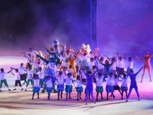 MUSCAT, OMAN - DECEMBER 16: The games mascots dance during the Closing Ceremony at Al-Musannah Sports City on day nine of the 2nd Asian Beach Games Muscat 2010 on December 16, 2010 in Muscat, Oman.