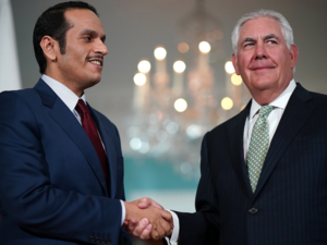 U.S. Secretary of State Rex Tillerson shakes hands with Qatari Foreign Minister Sheikh Mohammed Bin Abdulrahman Al Thani prior to a scheduled meeting at the State Department | AFP