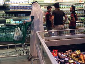 The yogurt section in a Doha supermarket. Before the blockade began, Qatar imported 80 per cent of its dairy products from Saudi Arabia. (AFP)