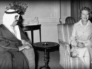 Margaret Thatcher sits down with King Fahd bin Abdul Aziz of Saudi Arabia at 10 Downing Street, London