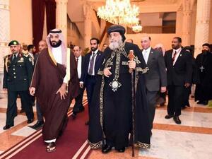 Different era. Coptic Orthodox Pope Tawadros II (C-R) and Saudi Crown Prince Mohammed bin Salman bin Abdulaziz (C-L) at the Cathedral of Abbasiya in Cairo, last March. (AFP)