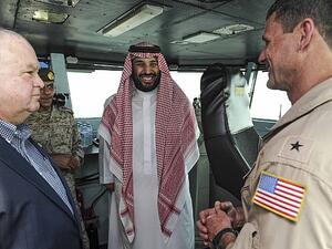 Saudi Deputy Crown Prince Mohammad bin Salman Al Saud visits the aircraft carrier USS Theodore Roosevelt in July 2015. (US Navy) 