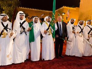 Saudi King Salman and US President Trump take part in the traditional ardah dance at the Murabba Palace (Wikipedia)