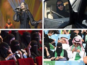 Lebanese singer Hiba Tawaji performs for a female audience in Riyadh (AFP); Saudi women were allowed to drive in September this year (file photo); Saudi sports stadiums were opened to women for the first time (AFP); the SAudi ban on cinemas was lifted earlier this month (AFP)