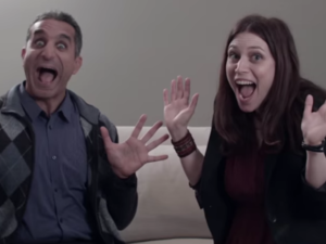 A still of Bassem and Sara from the Tickling Giants trailer. (Image: YouTube still)