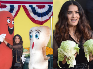 Salma dances with a 'sausage' at the premiere of Sausage Party. (Instagram)