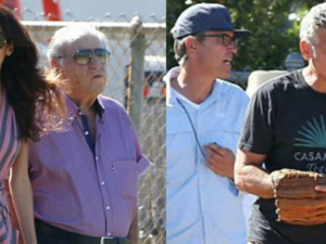 George and her papa on set with George Clooney. (Instagram)