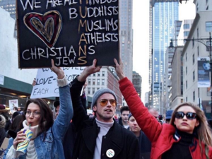 The model sisters were seen hitting the city streets chanting 'No hate, no fear, immigrants are welcome here.' (Instagram)