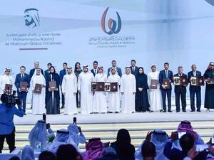 Shaikh Hamdan bin Mohammed bin Rashid Al Maktoum along with Shaikh Ahmed bin Mohammed bin Rashid Al Maktoum, Matar Al Tayer, pose for the picture with the winners during the 9th Mohammed bin Rashid Creative Sports Awards at Dubai World Trade Centre.