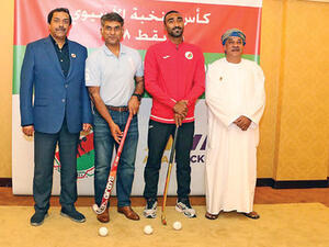 L-R: Tayyab Ikram, Tahir Zaman, Oman goalie Fahad al Noufali and Talib al Wahaibi