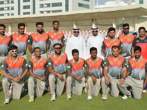 The Bukhatir XI team which won the opening match of the One Stop Tourism 43rd Bukhatir Premier League at the Sharjah Cricket Stadium with Waleed Bukhatir and Khalaf Bukhatir. (Photo: SCC)