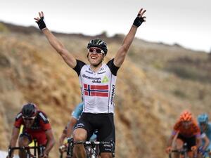 Novegian Edvald Boasson Hagen of Dimension Data team celebrates on the finish line as he wins the second stage of seventh cycling Tour of Oman between the Omantel head office on the outskirts of Muscat and Qurayyat on February 17, 2016.
Eric Feferberg / AFP