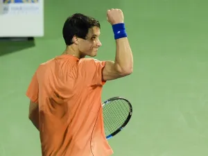 Evgeny Donskoy of Russia celebrates after winning his match against Switzerland's Roger Federer, as part of the ATP tennis match as part of the Dubai Duty Free Championships, on March 1, 2017, in Dubai.
STRINGER / AFP