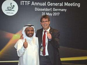 Qatar Table Tennis Association President Khaleel al-Mohannadi (left) with ITTF President Thomas Weikert. (Photo: Gulf Times)